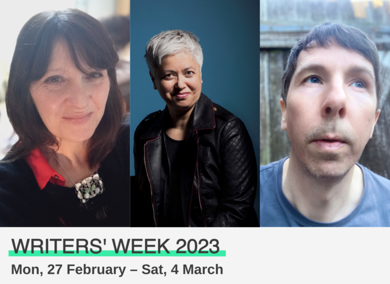 headshots of three authors, with the text 'writers week 2023' on the bottom edge with the dates