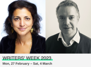 two headshots of event speakers, Samar Hammam and Sean Campbell, plus the text 'writers week 2023' on the bottom edge with the dates