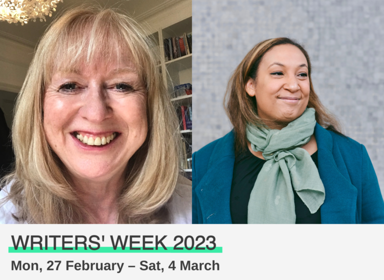 headshots of two writers, with Writers Week 2023 and dates along the bottom edge