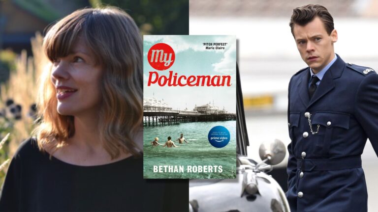 Headshot of Bethan Roberts, a still image of My Policeman featuring Harry Styles, and the front cover of the novel 'my policeman'
