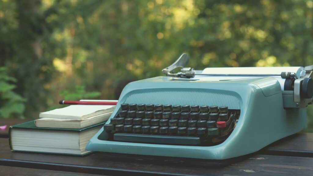 typewriter on a table outside