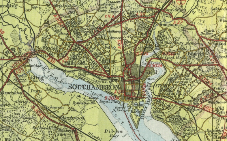 A zoom in of an ordinance survey map showing Southampton